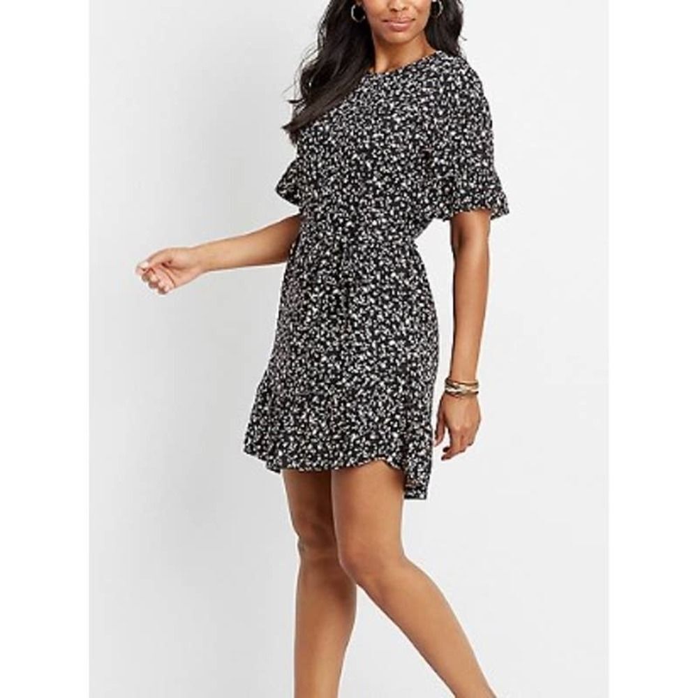 Maurices Floral Navy Blue Flutter Short Sleeve Ruffle Mini Dress Size Medium